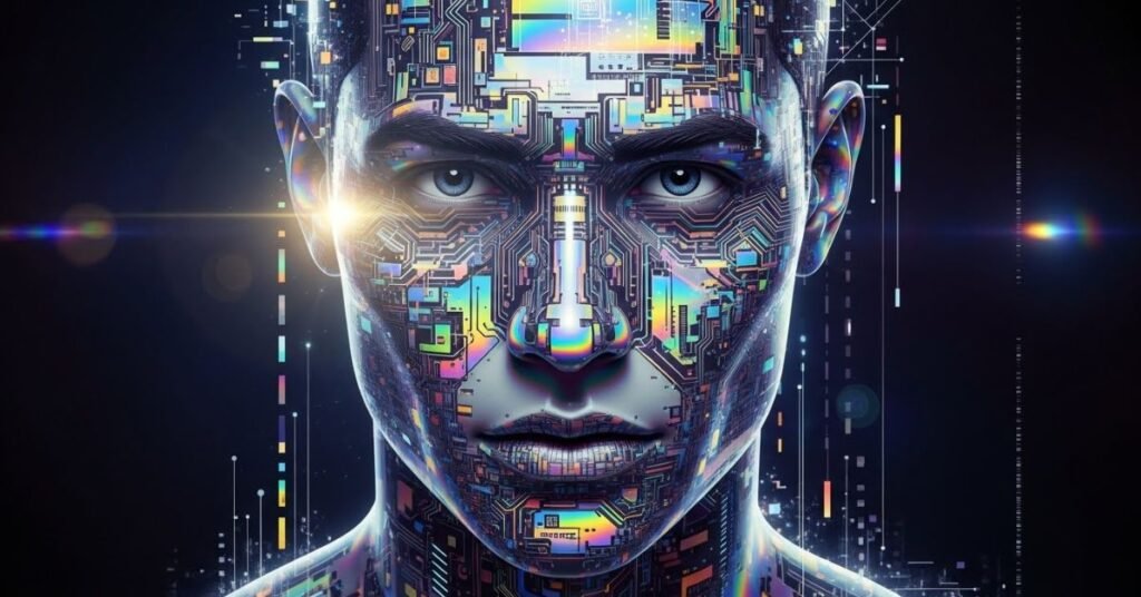 AI-generated abstract portrait of a man combined with digital patterns and holographic textures, modern tech-art aesthetic