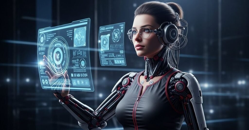 AI-generated cybernetic woman with holographic elements, futuristic interface visuals, sci-fi digital art, high-detail rendering