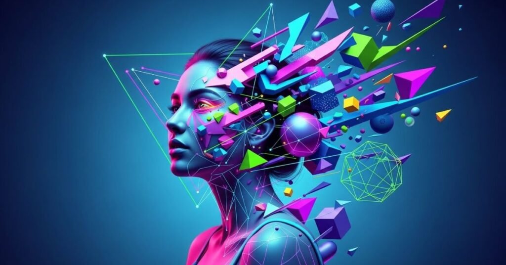 Abstract AI artwork of a woman blended with geometric shapes and vibrant colors, digital surrealism, modern tech-art style, visually striking composition
