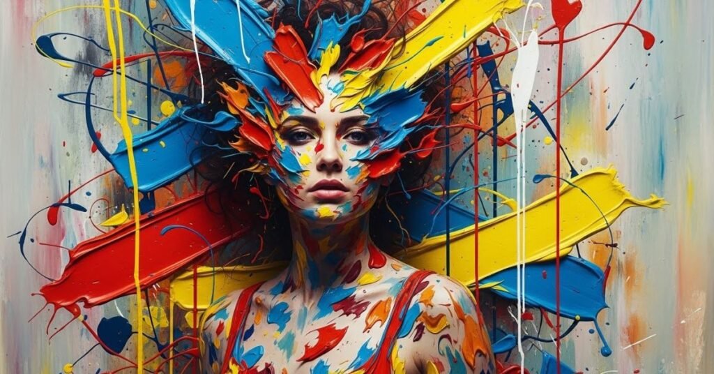 Abstract art-inspired image of a woman blended with bold paint strokes and color splashes, surreal composition, modern gallery aesthetic