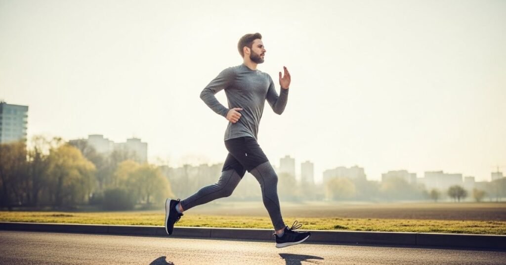 Active lifestyle scene of a man running outdoors, dynamic motion, fresh environment, energetic and motivational visual mood