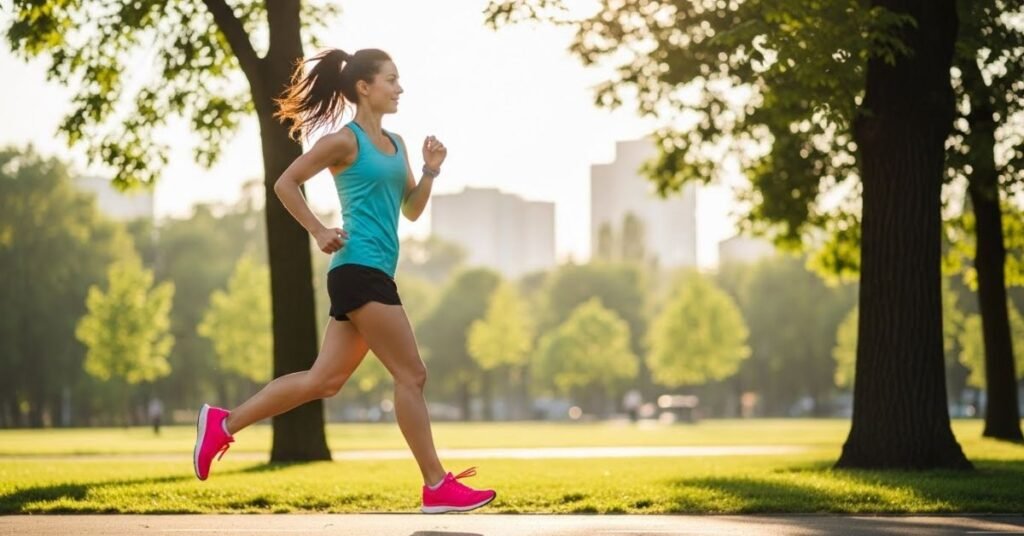 Active lifestyle scene of a woman jogging in a city park, motion captured naturally, fresh atmosphere, healthy and energetic visual style