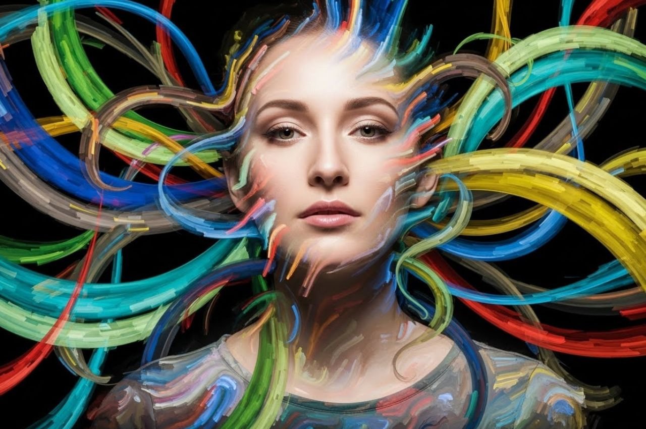 Elegant artistic portrait of a beautiful woman surrounded by abstract colorful patterns, soft lighting, high-resolution, surreal and aesthetic atmosphere, contemporary art style, visually mesmerizing, professional photography vibes