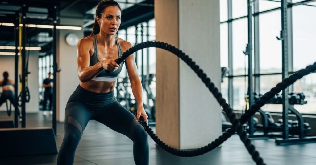 Athletic lifestyle shot of a woman doing functional training exercises, modern fitness space, dynamic posture, energetic mood, realistic photography