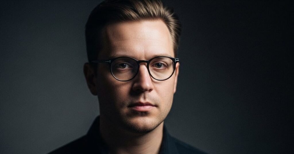 Black-and-white artistic portrait of a man with expressive facial details, high contrast lighting, timeless fine art aesthetic