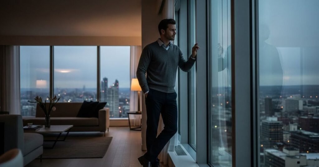 Cinematic lifestyle scene of a man standing beside a large window in a modern apartment, city lights at dusk, reflective mood, wide interior shot, landscape composition, editorial realism