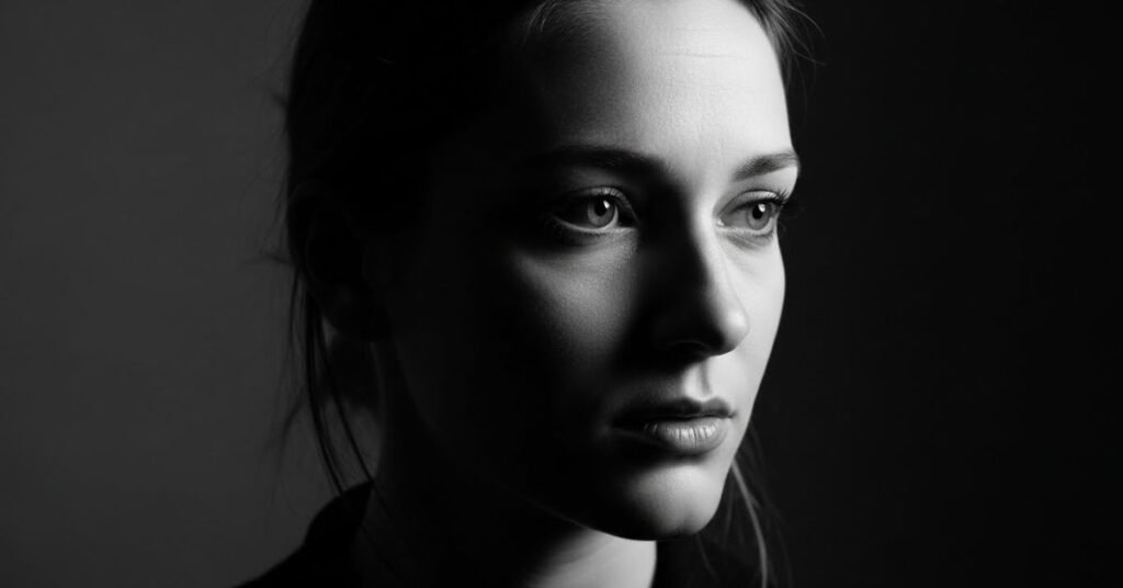 Classic black-and-white fine art portrait of a woman, strong contrast lighting, timeless composition, emotional and artistic expression