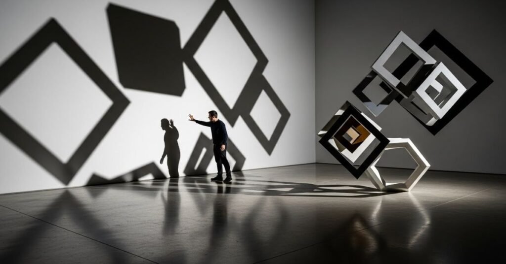Conceptual art image of a man interacting with shadows and geometric shapes, minimal color palette, modern gallery-style composition
