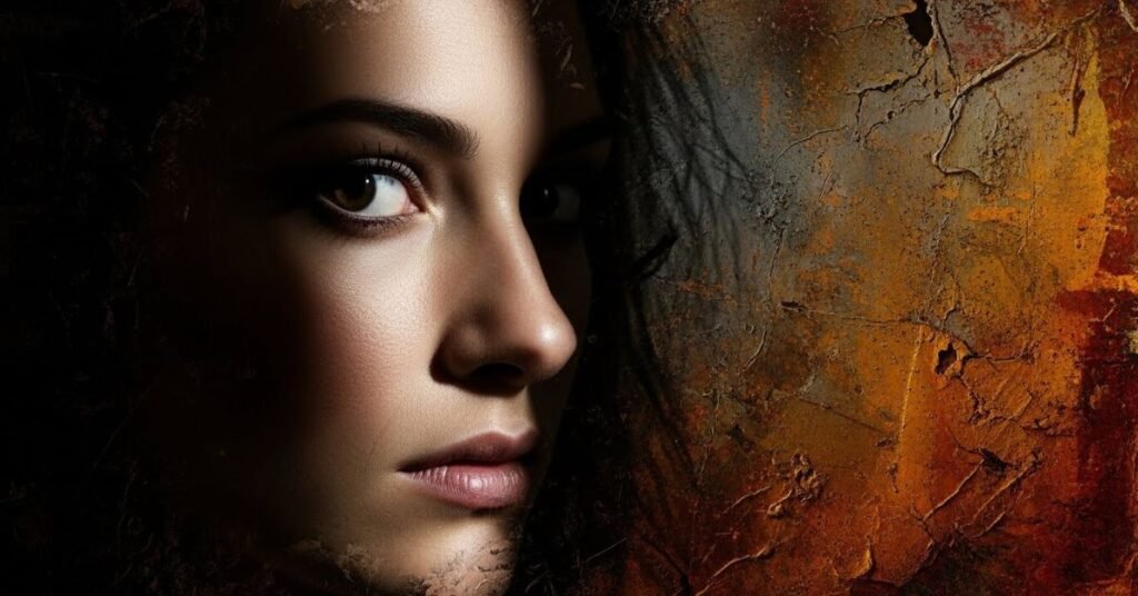 Conceptual artistic portrait of a woman with expressive eyes, textured background, dramatic shadows, contemporary fine art photography, emotional depth