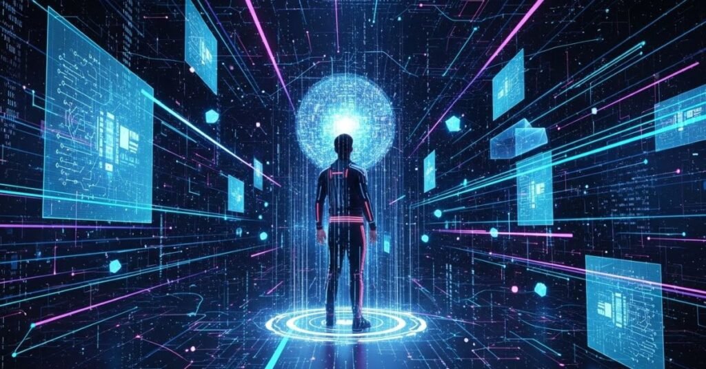 Conceptual digital artwork of a man standing inside a virtual world made of code and light, futuristic AI illustration style