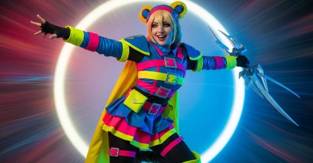 Cosplay image of a woman inspired by anime-style character, colorful outfit, expressive pose, vibrant lighting, imaginative visual style