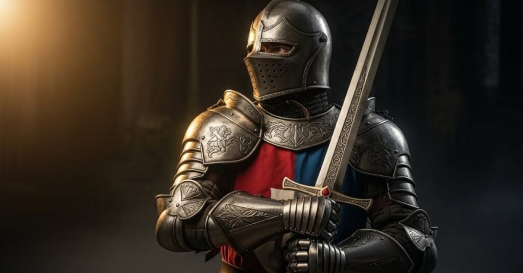 Cosplay portrait of a man dressed as a medieval knight, detailed armor, heroic stance, dramatic fantasy lighting, cinematic realism