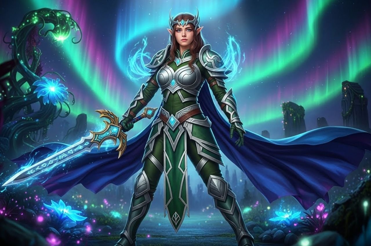 Creative cosplay of a young woman dressed as a fantasy warrior with elaborate costume, colorful magical background, cinematic lighting, highly detailed, professional digital art, imaginative and visually captivating, vibrant and dynamic