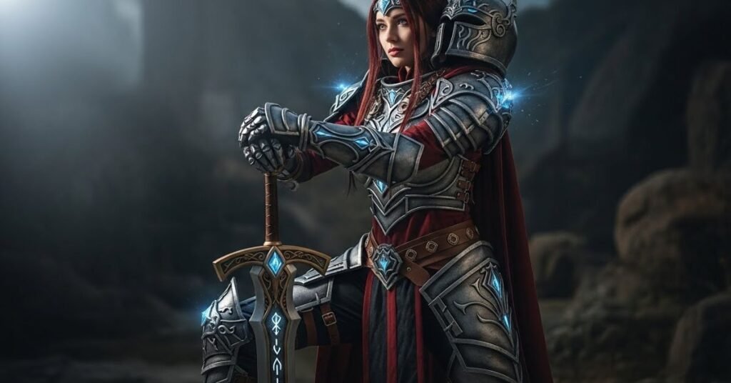 Creative cosplay portrait of a woman dressed as a fantasy warrior, detailed armor, dramatic lighting, cinematic fantasy atmosphere, highly detailed costume design