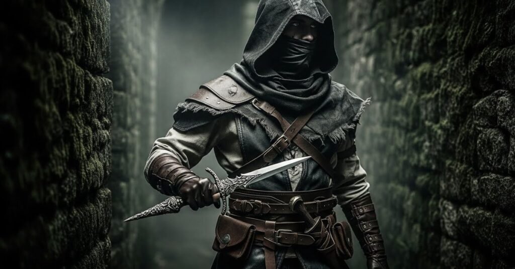 Dark fantasy cosplay of a man portraying a mysterious rogue character, hooded outfit, dramatic lighting, immersive storytelling vibe
