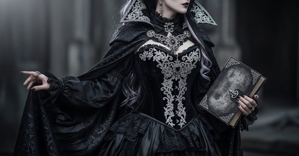 Dark fantasy cosplay of a woman portraying a gothic character, dramatic shadows, moody lighting, detailed costume and makeup