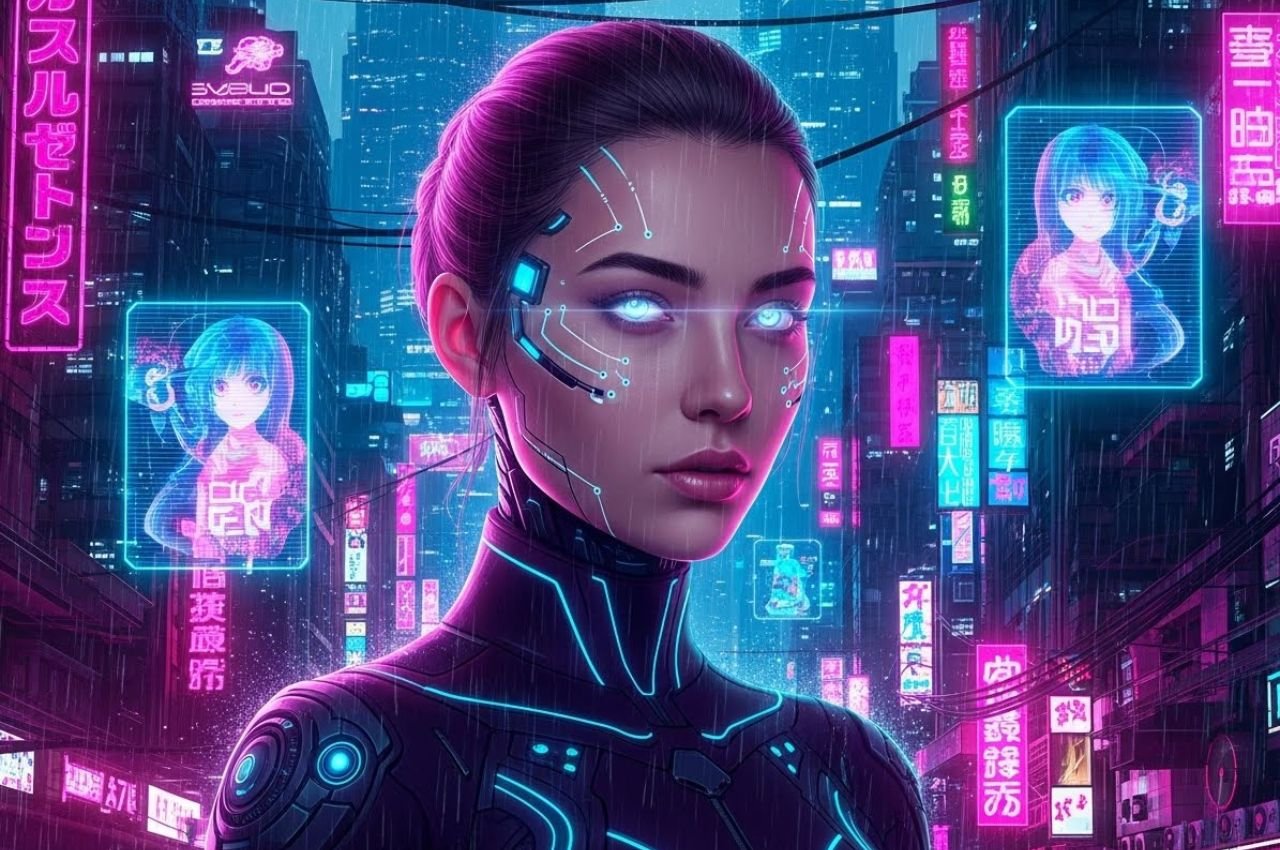 Futuristic digital portrait of a young woman in a cyberpunk neon city, high-tech elements, glowing lights, AI-generated style, ultra-detailed, visually captivating, professional sci-fi digital art, immersive atmosphere