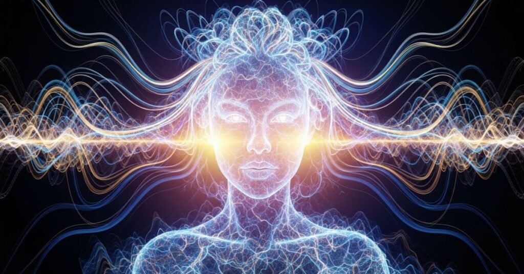 Digital fantasy portrait of a woman made of light particles and energy waves, glowing effects, conceptual AI art, imaginative and futuristic mood