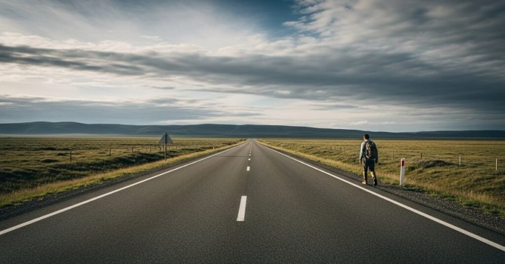 Documentary-style visual story of a man traveling alone on an empty highway, vast open road, cloudy sky, cinematic realism, wide landscape shot, storytelling photography, natural tones