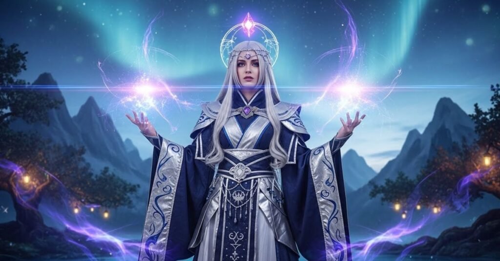 Elegant cosplay scene of a woman dressed as a mystical mage, flowing robes, magical glow effects, fantasy-inspired composition, creative storytelling