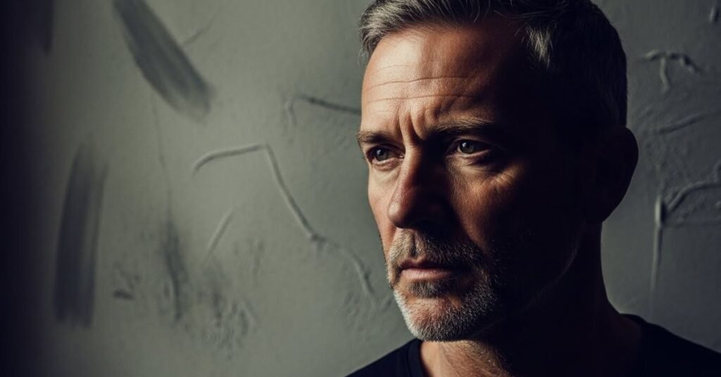 Fine art portrait of a man with dramatic side lighting, textured background, classic artistic photography style, strong emotional presence