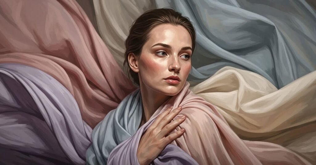 Fine art portrait of a woman surrounded by soft flowing fabric, muted pastel tones, painterly lighting, elegant museum-style composition, artistic realism