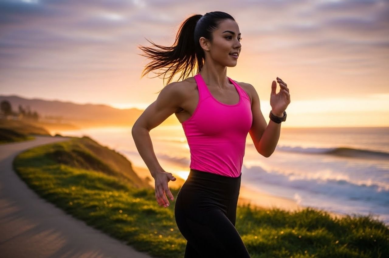 Energetic young woman doing fitness activities outdoors, running, yoga, or gym pose, vibrant natural light, healthy lifestyle vibes, high-resolution, realistic and visually inspiring, action-oriented composition