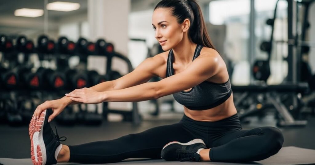 Fitness-focused portrait of a woman stretching after a workout, modern gym environment, clean lighting, motivational lifestyle photography