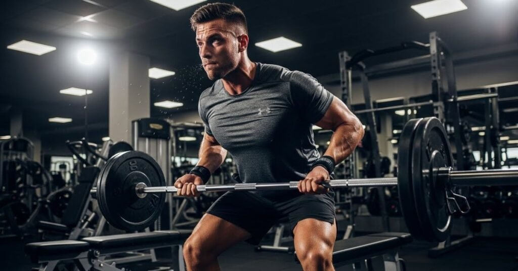 Fitness lifestyle image of a man lifting weights in a modern gym, focused expression, strong lighting, realistic athletic photography style