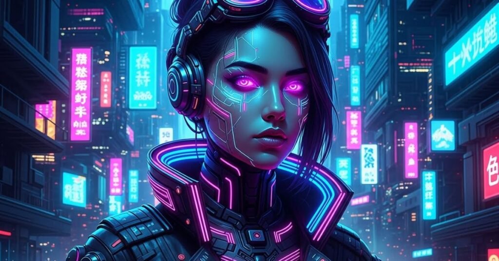 Futuristic digital portrait of a woman with glowing neon accents, cyberpunk-inspired background, AI-generated art style, ultra-detailed, high-tech aesthetic