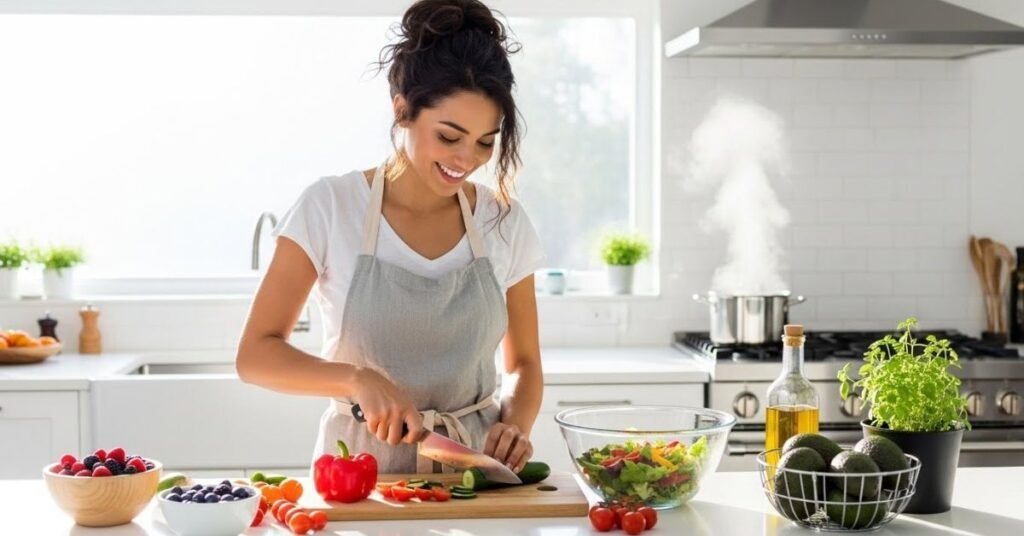 Healthy lifestyle portrait of a woman preparing a nutritious meal in a bright modern kitchen, clean aesthetic, natural light, wellness-focused story”