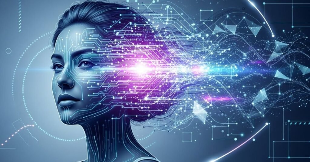 Modern AI art illustration of a woman integrated with digital circuits and data streams, clean futuristic design, high-tech visual storytelling