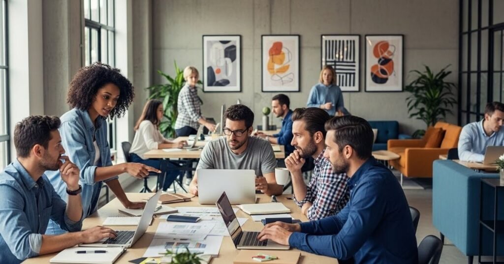 Modern lifestyle storytelling scene of men and women collaborating in a creative workspace, laptops and notebooks, natural daylight, wide interior shot