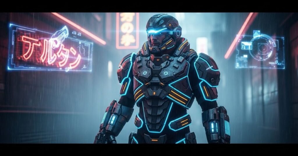 Sci-fi cosplay image of a man as a futuristic soldier, high-tech armor, glowing elements, cinematic cyberpunk mood