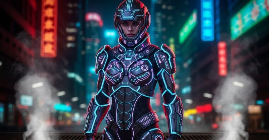 Sci-fi cosplay portrait of a woman wearing futuristic armor, neon accents, cyberpunk atmosphere, high-detail costume, cinematic lighting