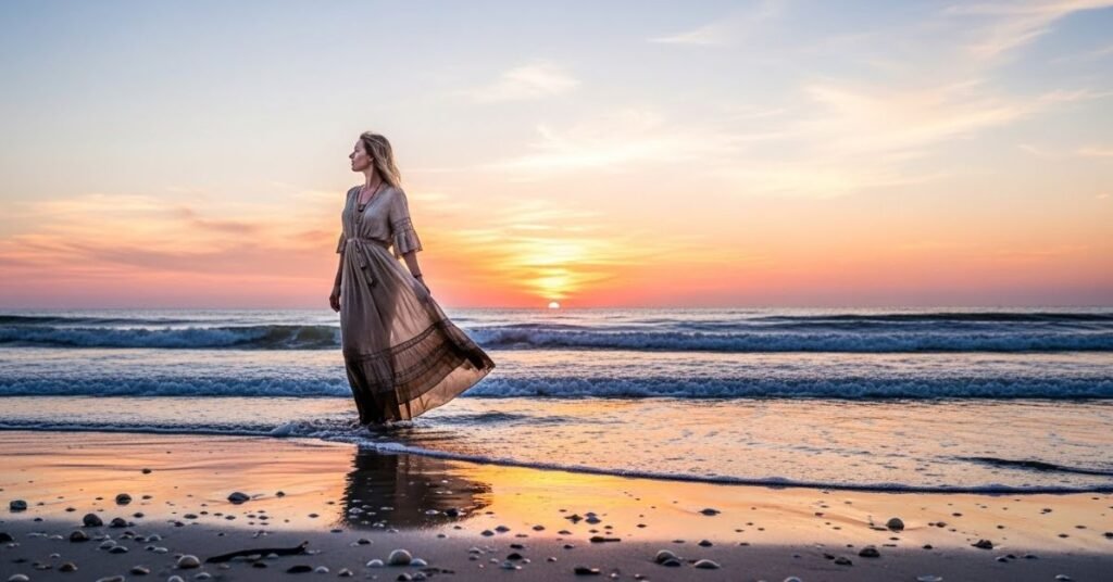 Story-driven lifestyle scene of a woman near the ocean at sunrise, flowing outfit, calm atmosphere, landscape orientation, cinematic photography, visually inspiring