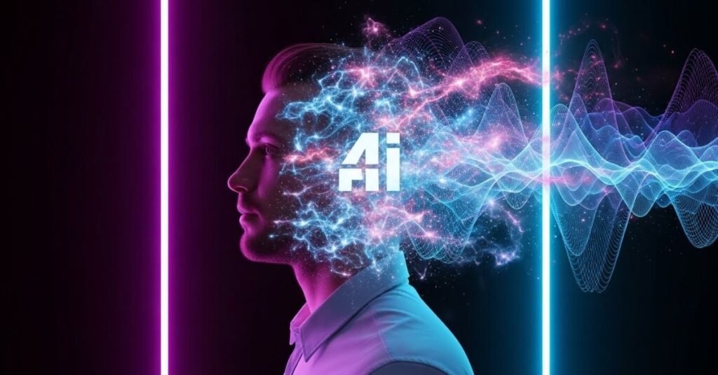 Surreal AI art portrait of a man merging with digital energy waves, neon lighting, futuristic abstract environment