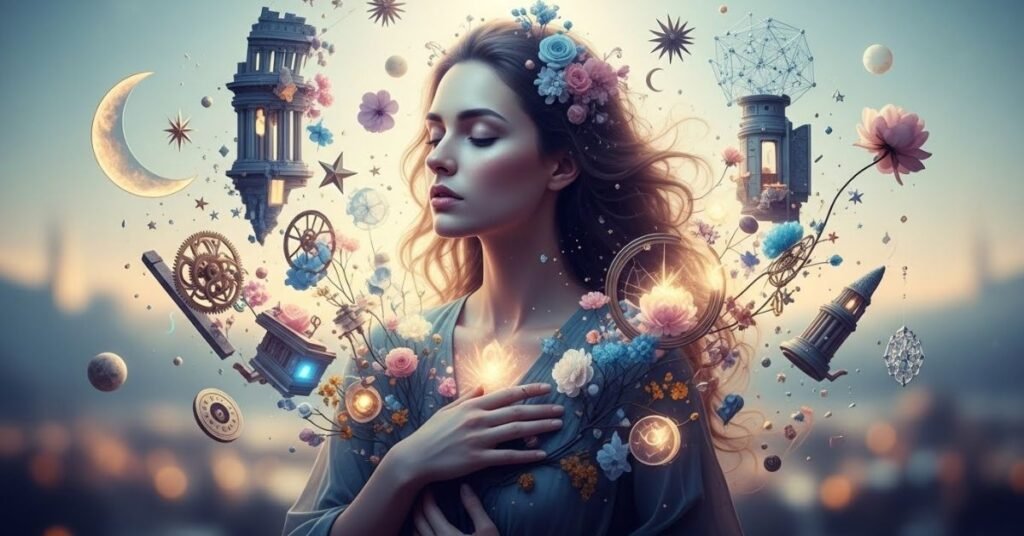 Surreal artistic scene of a woman surrounded by floating elements, soft glow, dreamlike atmosphere, conceptual fine art style