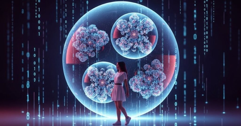 Surreal digital artwork of a woman floating in a virtual environment, neon colors, abstract space, AI creativity-driven composition