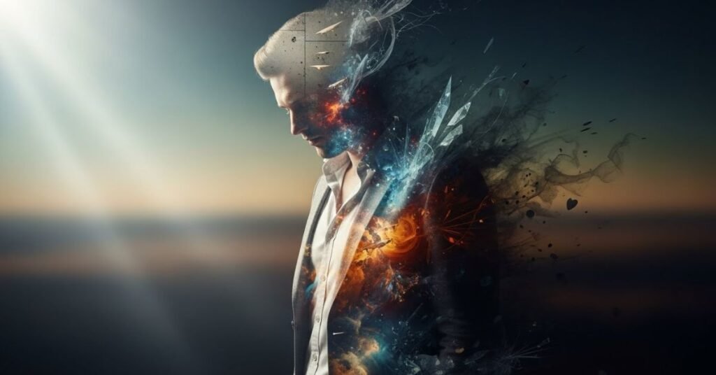 Surreal fine art scene featuring a man blended with abstract textures and soft light, conceptual storytelling, artistic realism