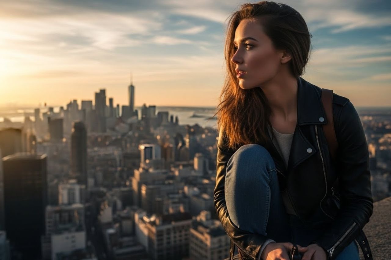 Ultra-realistic digital artwork of a stunning young woman exploring a vibrant cityscape at sunset, cinematic lighting, rich colors, inspiring and captivating mood, professional photography style, highly detailed, visually striking, editorial quality