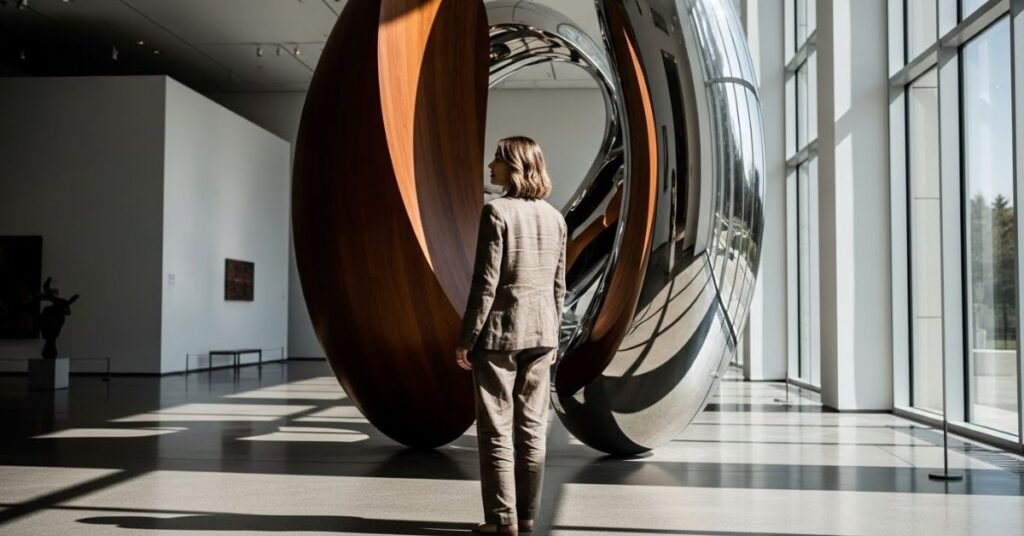 Visual storytelling image of a woman inside a modern art museum, clean architecture, natural light, wide landscape shot, professional editorial photography