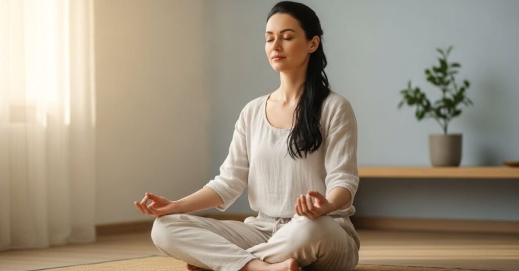 Wellness-inspired image of a woman practicing meditation indoors, soft light, minimal environment, peaceful and balanced lifestyle aesthetic