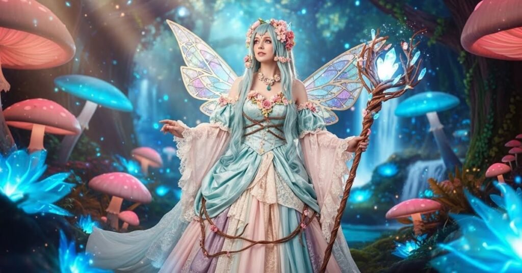 Whimsical cosplay image of a woman dressed as a fairy-tale character, soft light, colorful environment, imaginative and playful aesthetic