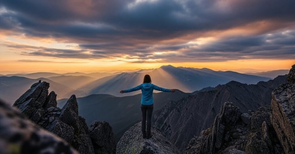 Wide-angle scene of a woman standing on a mountain viewpoint, dramatic sky, natural colors, storytelling composition, landscape format, cinematic depth, high-resolution