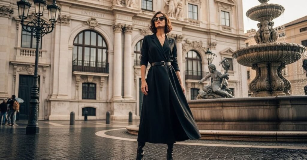 Wide cinematic shot of a confident woman in a historic city location, architectural details, balanced composition, landscape framing, editorial visual storytelling