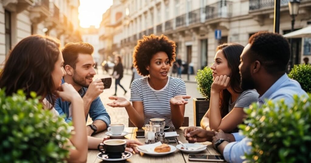 Wide cinematic shot of a mixed group of friends sitting at an outdoor café, casual conversation, warm natural light, storytelling composition, landscape orientation, realistic editorial style”