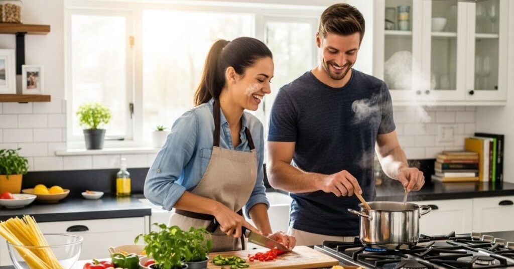 couple making food in kitchen